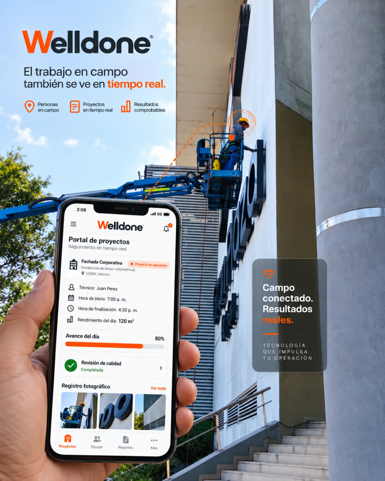 Composición de trabajo en campo y herramientas de seguimiento de Welldone.